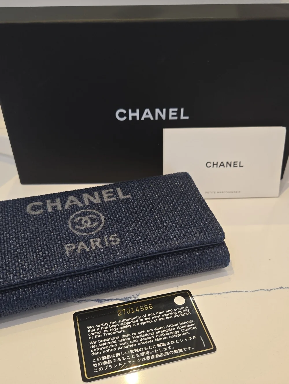 CHANEL deauville Navy Wallet, Textured Fabric, Front Logo, Full Inclusion, VGUC